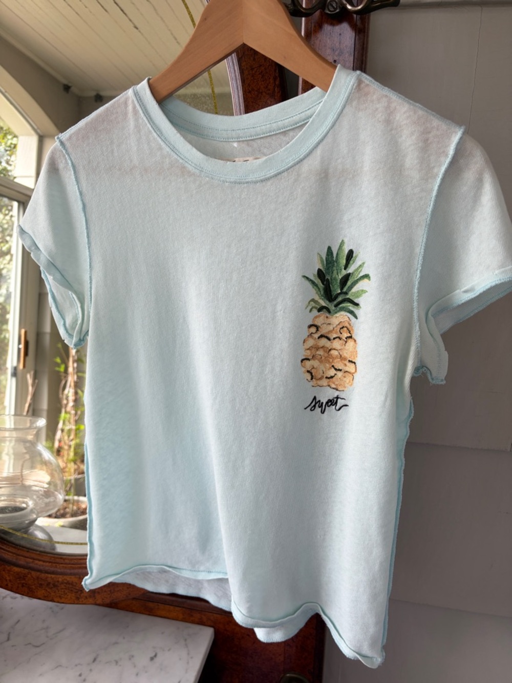 We The Free Pale Blue Mesh Tee with Crew Neck